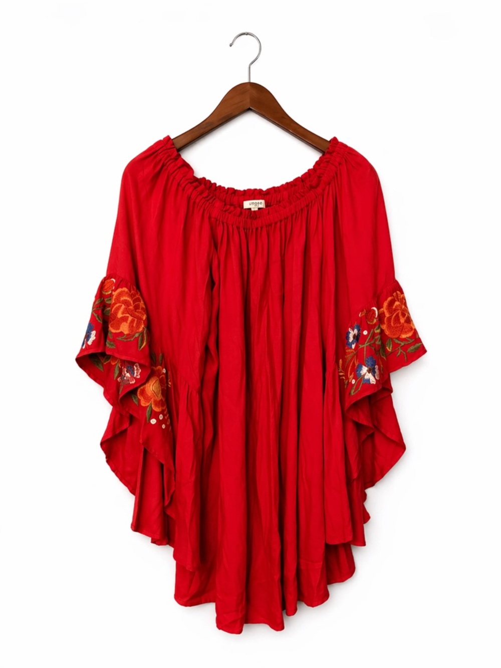Umgee Red Embroidered Boho Peasant Top Floral Sleeve Off Shoulder Blouse M - Picture 2 of 6